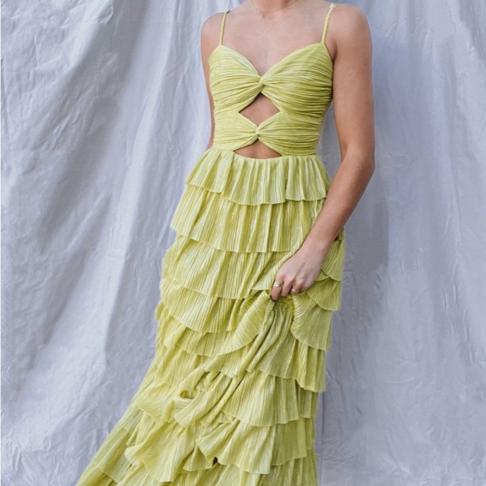Gianni Bini Grace Metallic Plisse Sweetheart Neck Cut-Out Tiered Dress